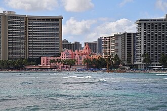 The pink facade of The Royal Hawaiian Hotel in Waikiki, home of the original Mai Tai Bar.
